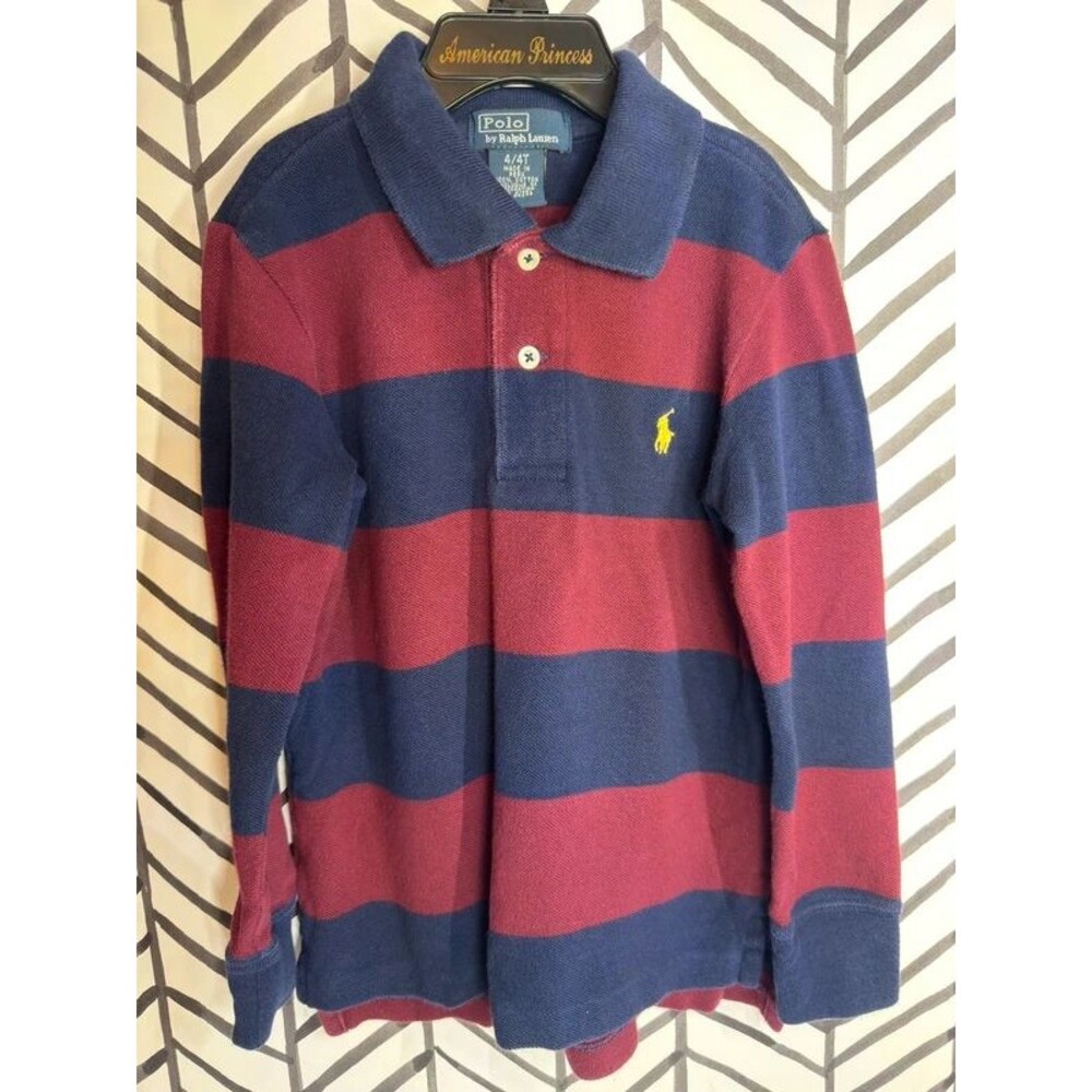 Polo Ralph Lauren Blue Red Striped Cotton Long Sleeve Shirt Boys 4T 7169